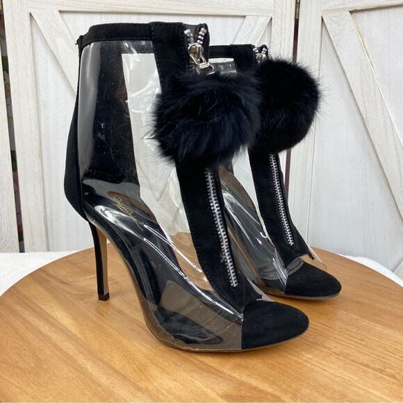 Bai Beiai Clear Peep Toe Heeled Ankle Boots PomPom Zipper Front Black 6 - Picture 1 of 12